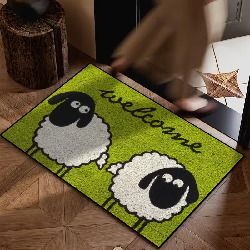 Charming Sheep-Themed Welcome Mat with Non-Slip Machine-Washable Polyester, Durable for Kitchen, Dining, Hallway, Bedroom