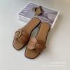 2025 New Metal Belt Buckle One-word Women's Summer Wear Flat-bottomed Fashion Sandals Square Head Soft-soled Women's Slippers