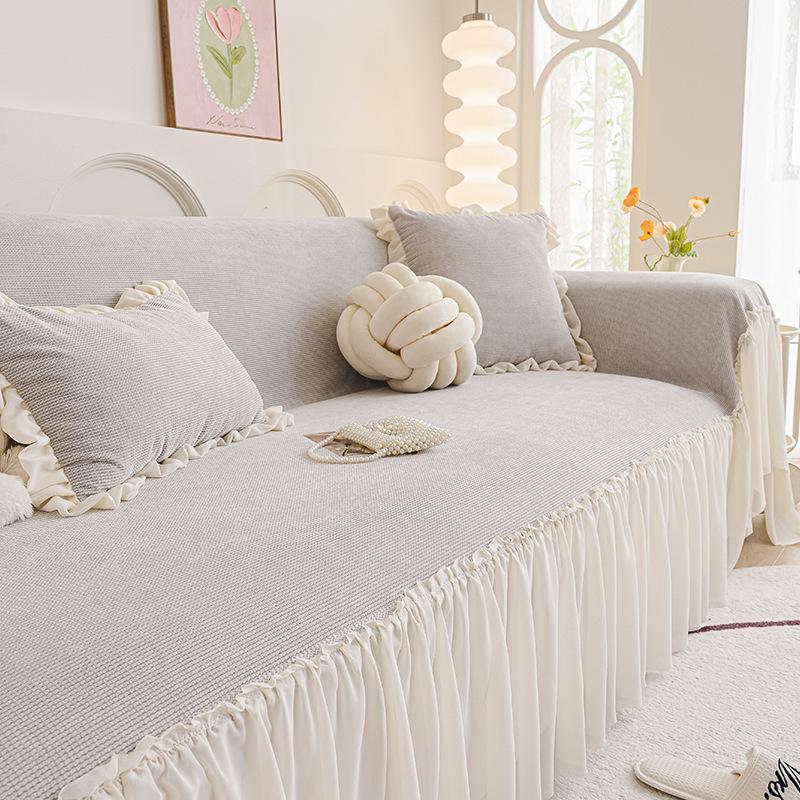 Cream Style Sofa Throw, Full Coverage All-Season Lace Skirt Sofa Cover, Universal Full Package Blanket