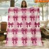 1pc 2D Flat Printing Spring & Summer New Arrival Pink Plaid Bow-Themed Digital Print Blanket, Throw Blanket, Soft and Comfortable 100% Polyester Fiber