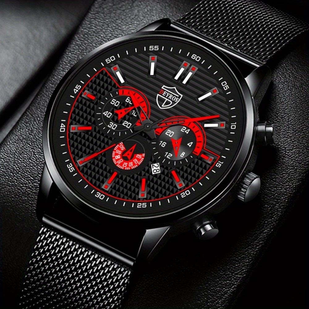 DEYROS 4PCS Set Fashion Mens Sports Bracelet Watches for Men Stainless Steel Quartz Wristwatch Classic Male Casual Leather Watch