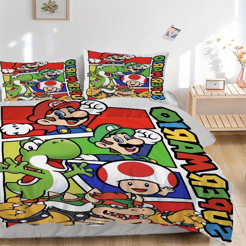 3pcs Super Mario Printed Quilt Set - Includes 1 Quilt Cover and 2 Pillowcases, Machine Washable - Suitable for All Seasons.F090