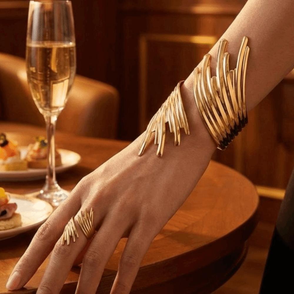 Geometric Metal Open Bangles Artistic Upper Arm Cuff Fashionable Bangles Ring Set Party Jewelry