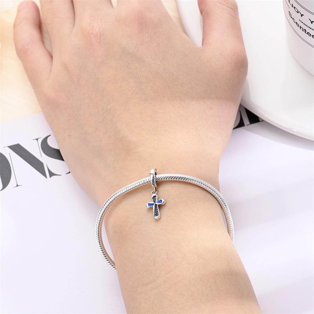Authentic Original Copper Metal Charm Bead Components Luxury Blue Zircon Cross Bead Components Compatible With Bracelet High Quality Fine Jewelry Do