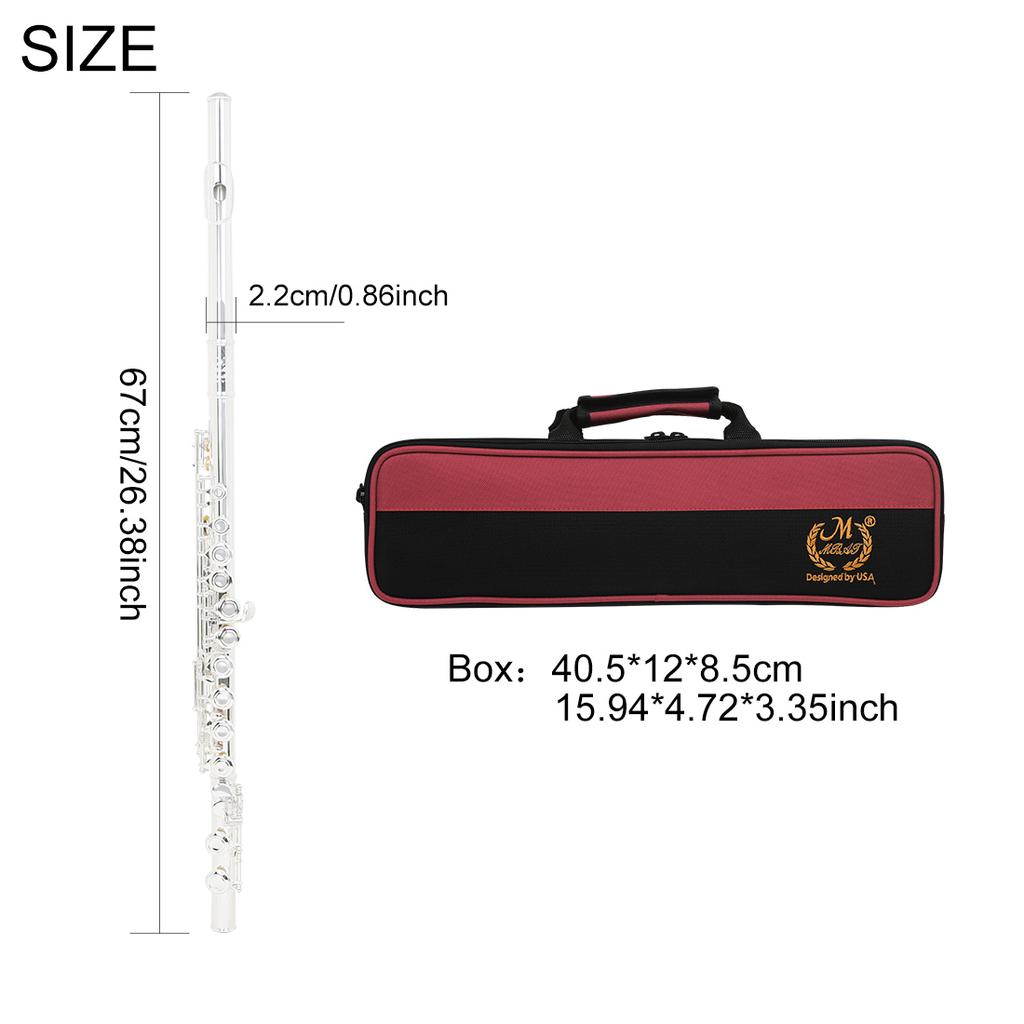 M MBAT 16 Closed Hole Flute C Key Flute with E Keys Suitable For Beginner Pro Horizontal Flute With Gloves Cleaning Cloth Parts