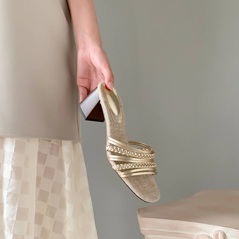 Krazing Pot Straw Weaving Handmade Summer Size 40 Sexy Beauty Dance Shoes Slip On French Chic Chunky Heels Women Peep Toe Sandals