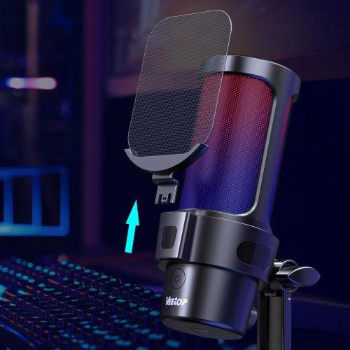 Veetop USB Condenser Gaming Microphone, PC Microphone with RGB Lighting, Cardioid Polar Pattern, One-Touch Mute, Pop Filter, Plug & Play Volume Contro