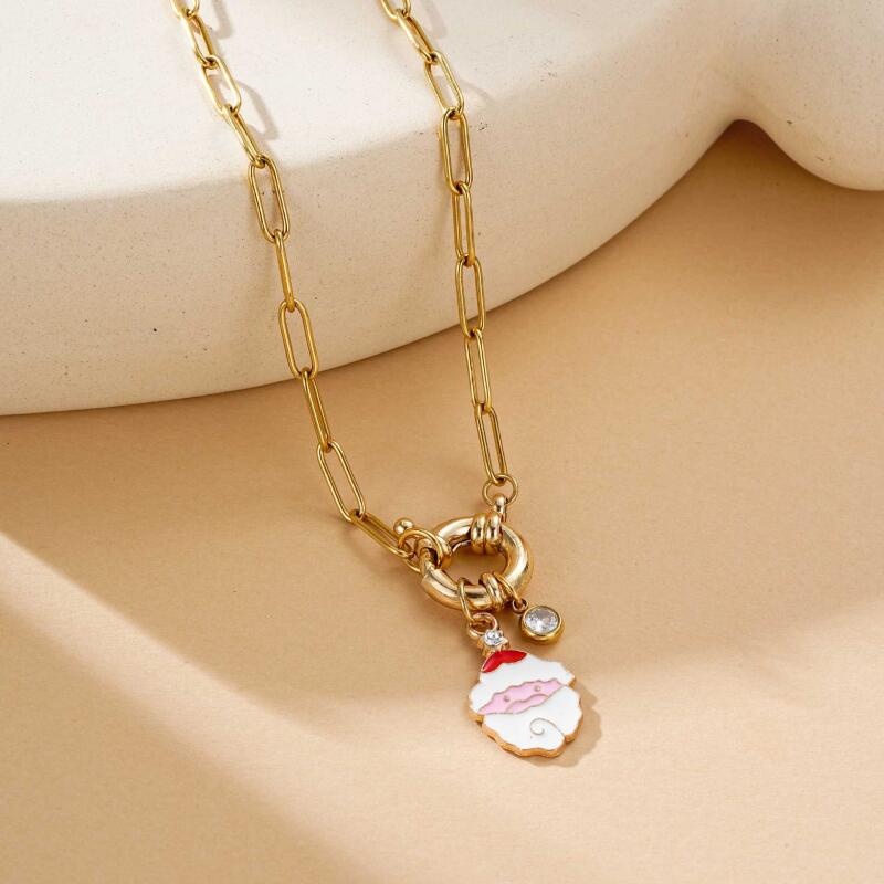 Christmas Stainless Steel Necklace Set - Santa Reindeer Snowman Pendants Lobster Clasp Adjustable Festive Jewelry Gift