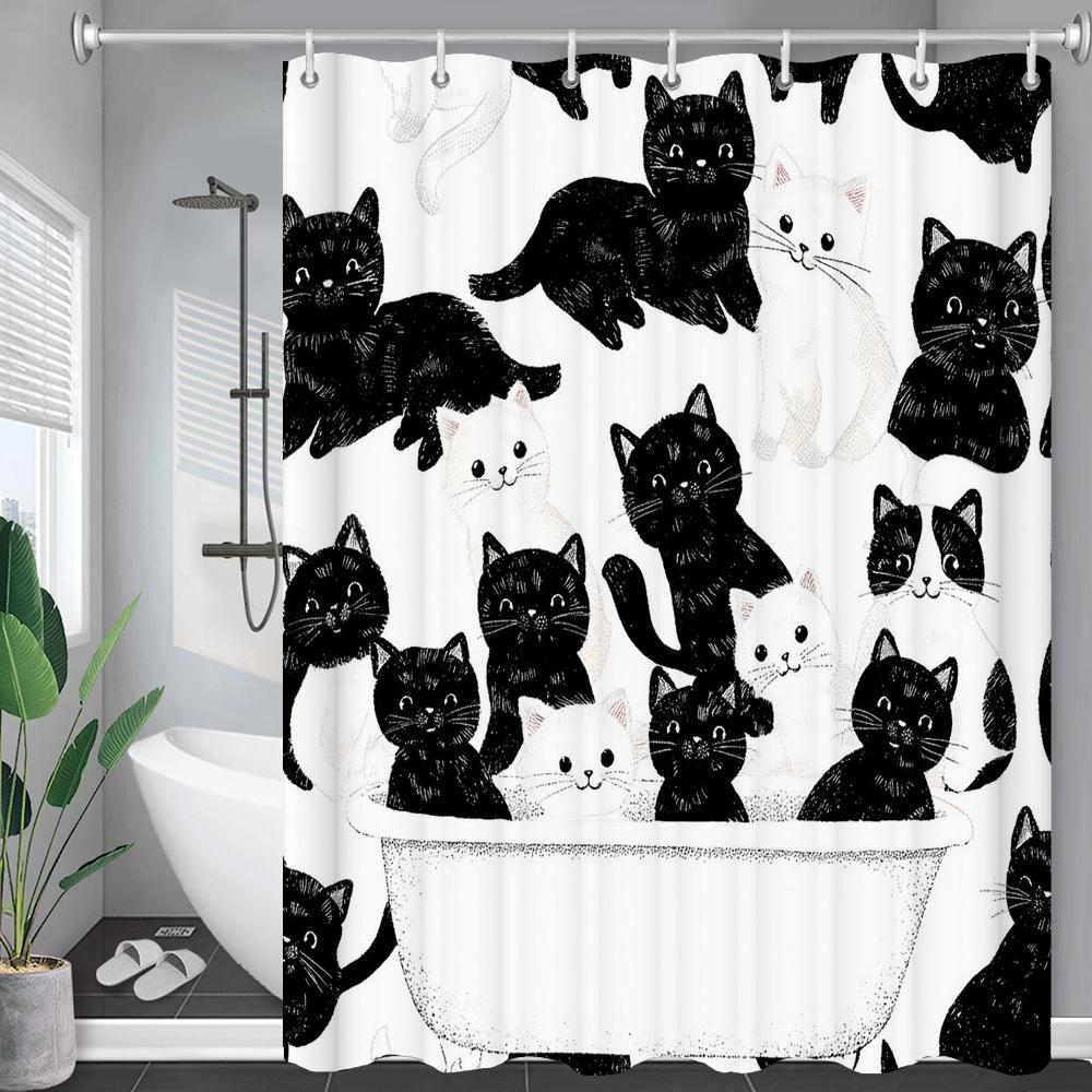 Black White Modern Cute Cartoon Cats Shower Curtain, Bathroom Decorative Shower Curtain, Home Printed Shower Curtain With Hooks