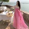 French Pink Ruffle Edge Suspender Dress Women's Summer Seaside Vacation Wind Irregular Temperament Waist Long Skirt