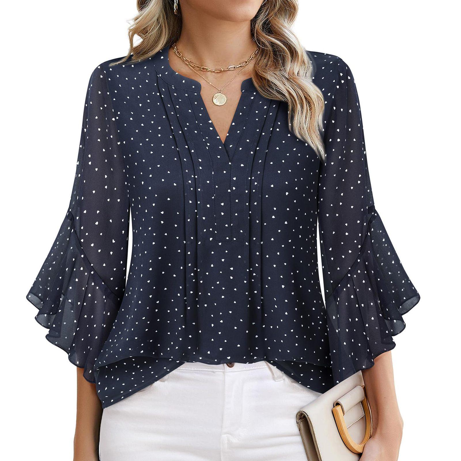 

Блузка с рукавом три четверти в виде листьев лотоса, однотонная, модная, повседневная, свободная, с V-образным вырезом, деловая, шифоновая, женская одежда XL тёмно-синий