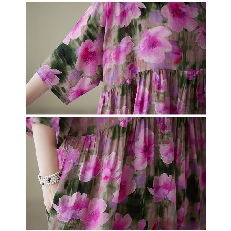 DIMANAF 2025 Women Plus Size Summer New Vintage Floral Dress Holiday Long Basic Short Sleeve Casual Loose Dress