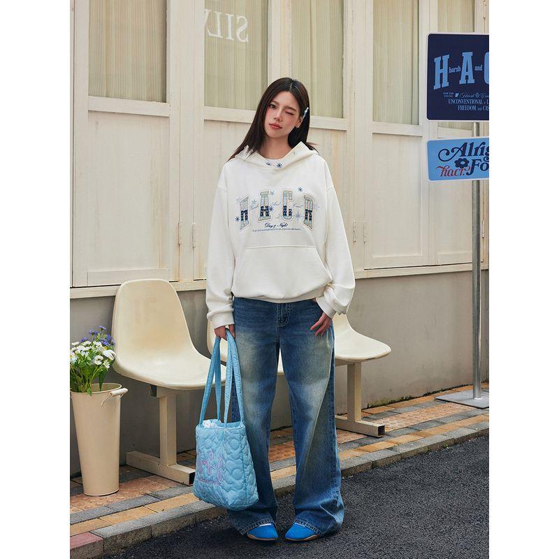 Hacr Ethnic Style Woven Patch Gradient Embroidery Hooded Sweatshirt, Loose Fit National Trend Brand Couple Hoodie for Spring and Autumn