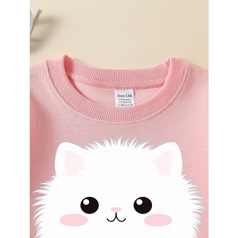 European Sizes Adorable White Cat Face Design On a Kids' Crewneck Sweatshirt, Soft And Comfy Sports And Casual Wear Is Ideal for Kids And Teens