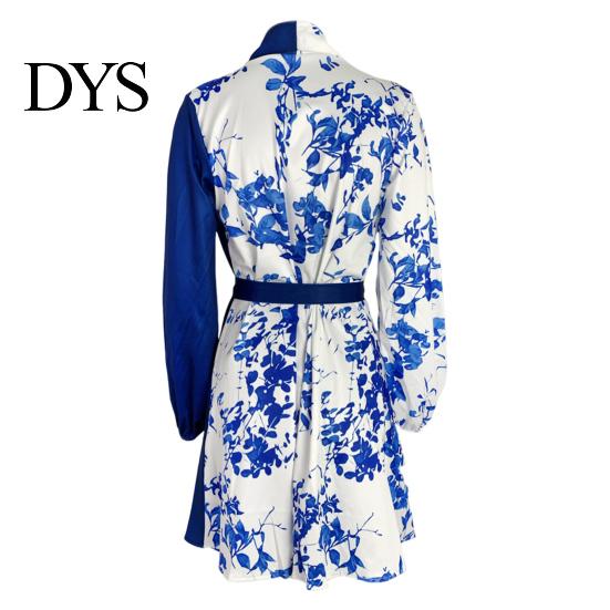 Slim Waist Dress Spring Fall Lady Women with Lace-up Tie Lapel V Neck Colorblock A-line Color Matching Coat Style Long Sleeves Commuting Business Mini