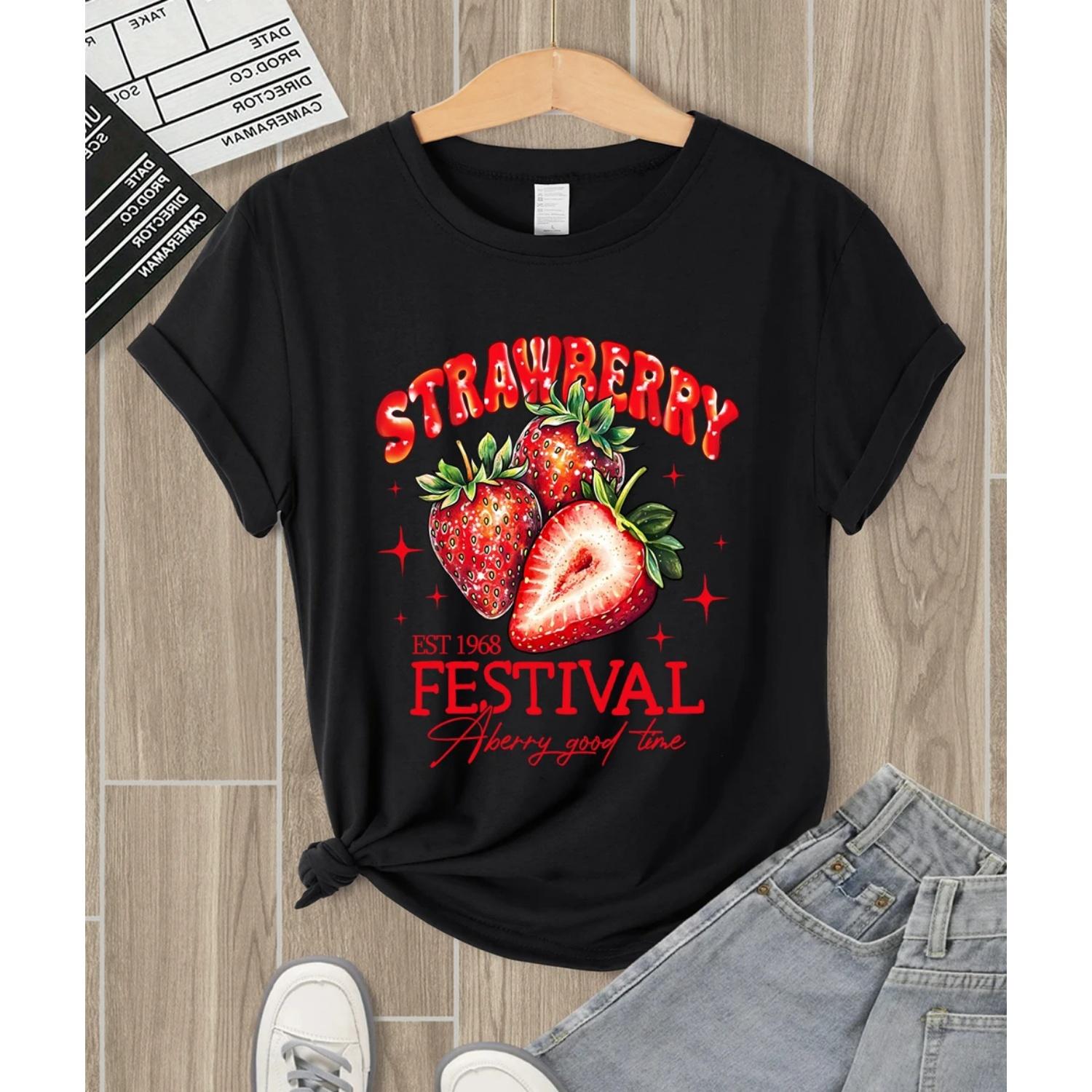 

Strawberry Festival Fruits Est 1968 Prints T-Shirts Women O-Neck Casual T Shirt Hip Hop Multicolor Tops Summer Soft Short Sleeve S