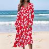 Women's Casual Fashion Floral Print V-neck Long Sleeve Waist Long Dress