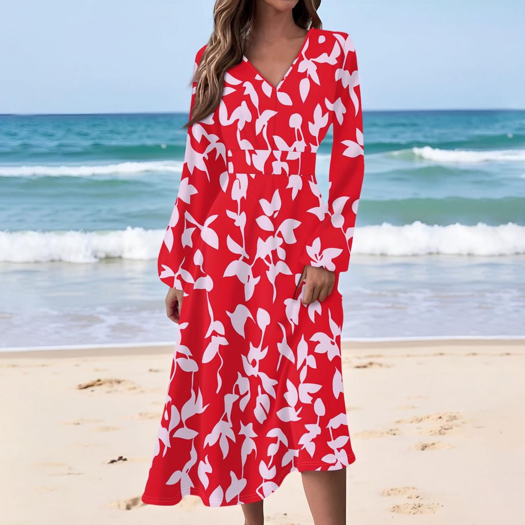 Women's Casual Fashion Floral Print V-neck Long Sleeve Waist Long Dress