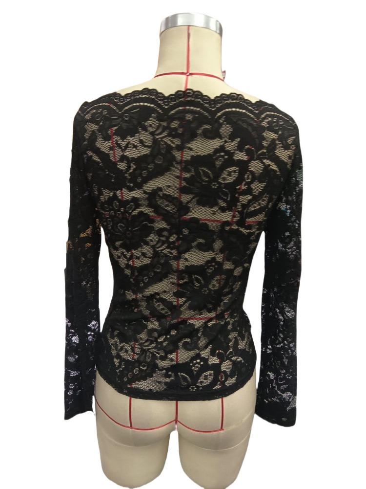 Scallop Neck Edge One-Line Collar Strapless Single-Layered Lace Slim T-Shirt Long Sleeve Tops Versatile Closet Essential Fashion Items Shirt