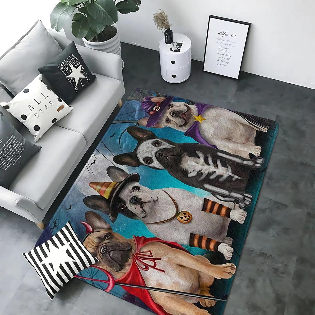 Lustige Haustiere Möpse Bulldogge 3D-Druck Teppich für Wohnzimmerdekoration Zuhause Sofa Couchtisch Bereichsteppich Schlafzimmer Garderobe Fußmatte