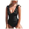 Women Swimwear V-neck Solid Color Ruffled One-Piece Swimsuit