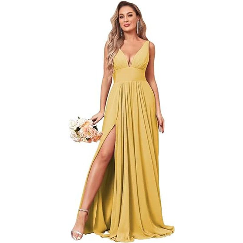 Evening dress summer new deep V-neck split fork long chiffon bridesmaid pleated formal ball dress