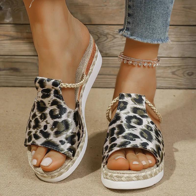 Fashion Women's Leopard Print Wedge Sandals Summer 2025 Lightweight Non Slip Platform Slippers Woman Thick Sole Peep Toe Beach Sandalias