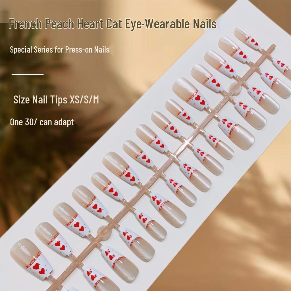 

Exquisite Peach Heart Cat Eye Removable Wearable Nails