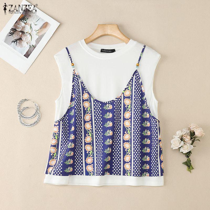 ZANZEA Women Casual Round Neck Patchwork Loose Short Sleeve T-Shirts