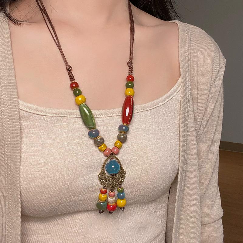 Painted ceramic fish necklace, Bohemian style woven rope necklace, women's vintage high-end beaded clavicle chain