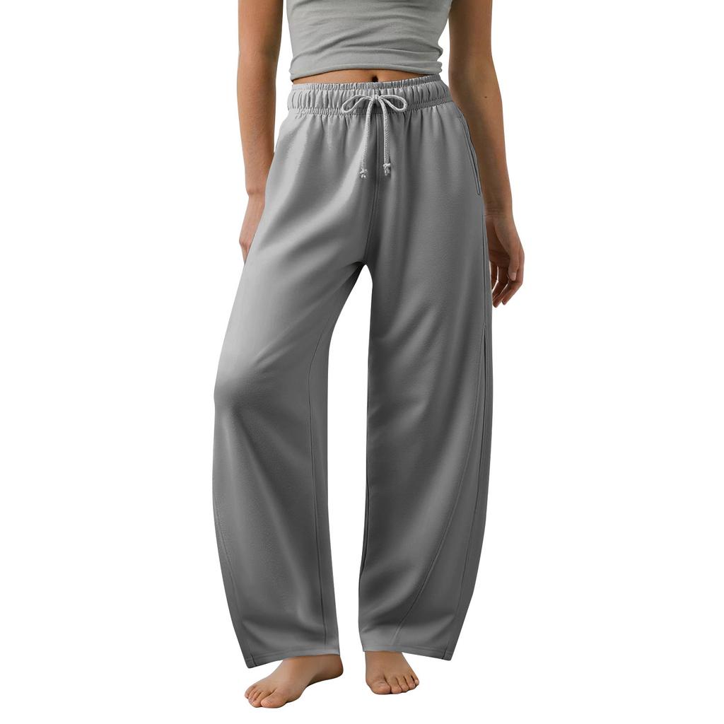 Women's Barrel Leg Sweatpant Drawstring Elastic Waisted Wide Leg Pants Casual Cotton Palazzo Trousers With Pockets