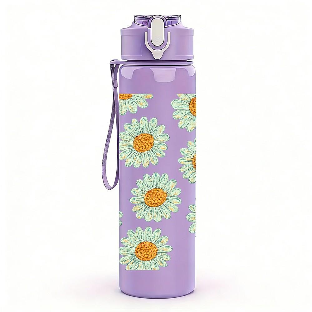 1PC Daisy Floral Print 750ml Color Plastic Sports Water Bottle Leakproof Flip Straw Lid Suitable for Sports Office Home Use