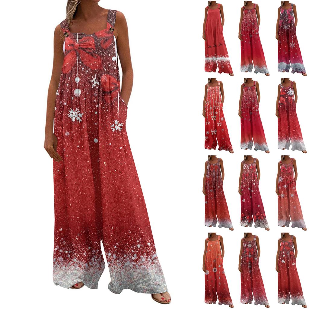 Damen Weihnachten Print Einfarbig Weites Bein Trägerlos Tanktasche Lässiger Einteiler