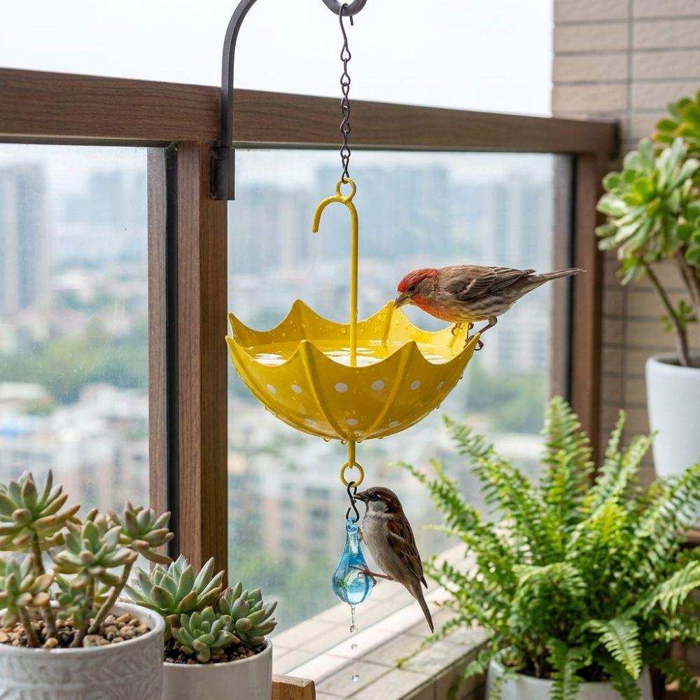 Regenschirmförmiger Hängender Vogelfutterspender Bunte Gusseisenkunst Vogeltränke Regenwassersammlung Rostfreier Futterspender Garten