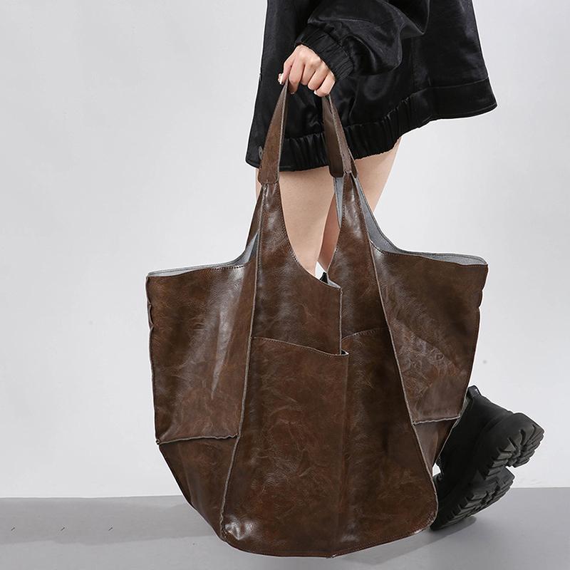 Retro Super Big Shoulder Bag Female Solid Color Hand Bags For Women Soft Leather Casual Shopper Underarm Tote Bag