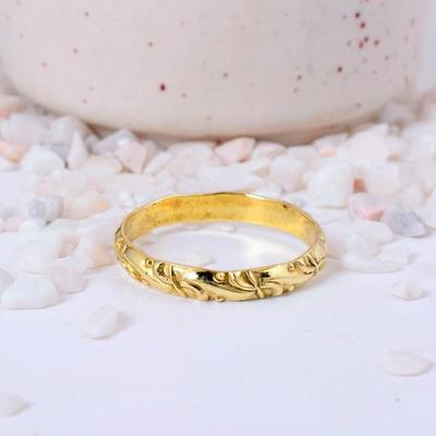Handmade! Delicate Brass Band Ring $\mid$ Intricate Floral Carved Continuous Pattern $\mid$ Minimalist Bohemian Everyday Jewelry Gift.
