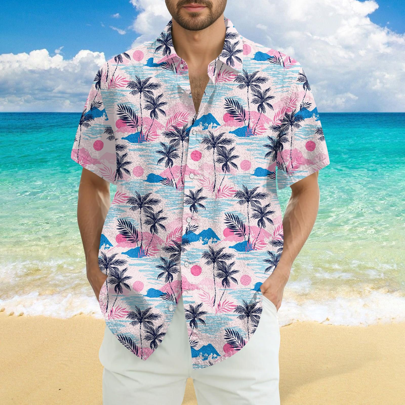 

Мужская модная повседневная рубашка с коротким рукавом свободного кроя с гавайским принтом XL розовый