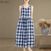ZANZEA Women Grid Print Loose Casual Sleeveless Dress