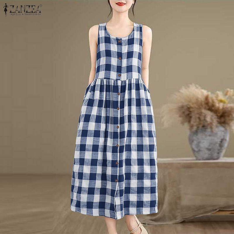 ZANZEA Women Grid Print Loose Casual Sleeveless Dress