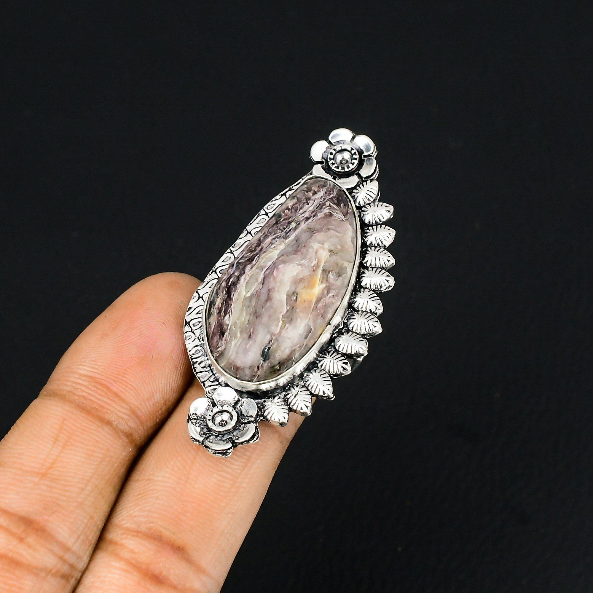 Sterling Silver Charoite Gemstone Flower Promise Anniversary Ring Jewelry US 6.5 6.5