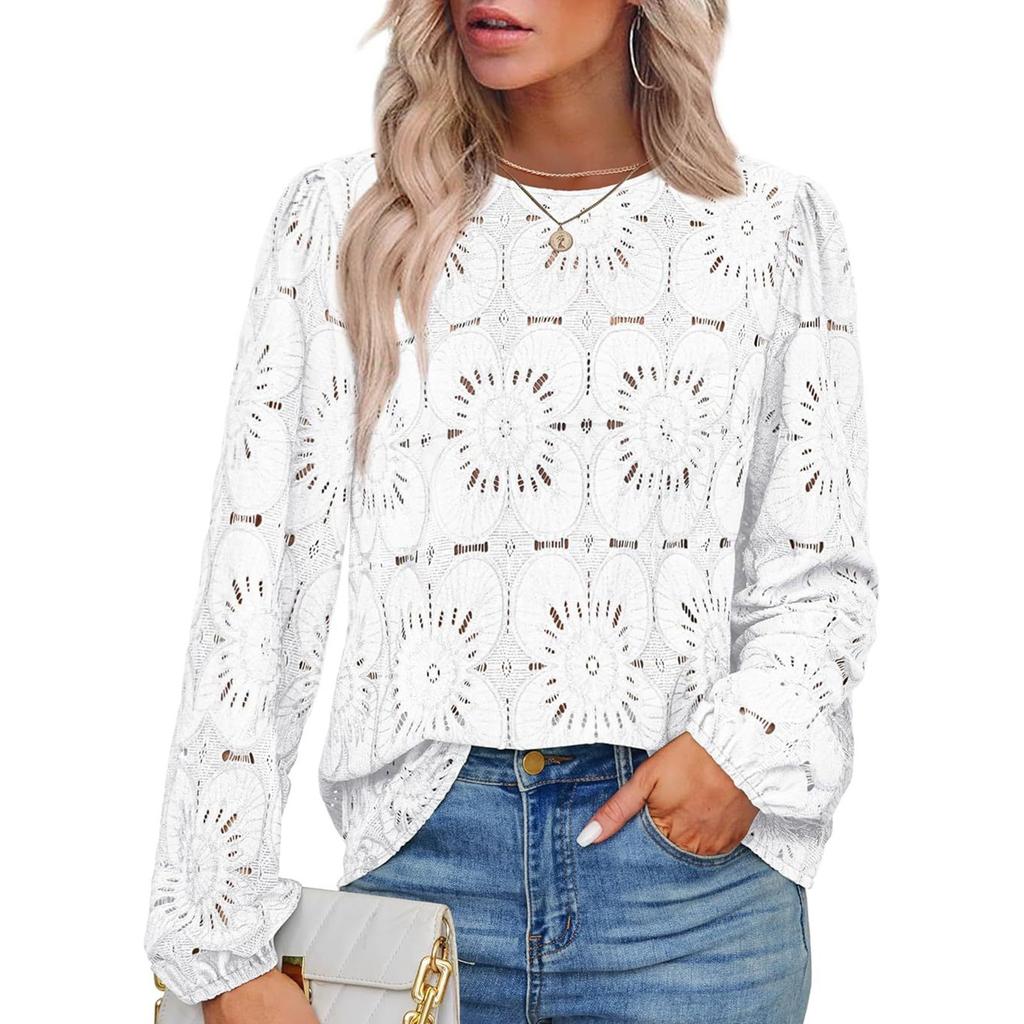 Ladies' Loose And Fashionable Versatile Hollow Lace Long Sleeved Top