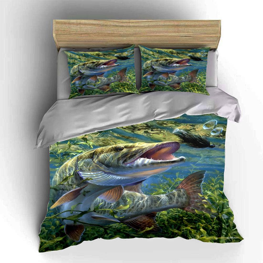 Underwater Fish Chasing Lure Bedding Set For Kids Luxury Gift 3Pcs Digital Print Comforter Set Soft Comfortable Breathable