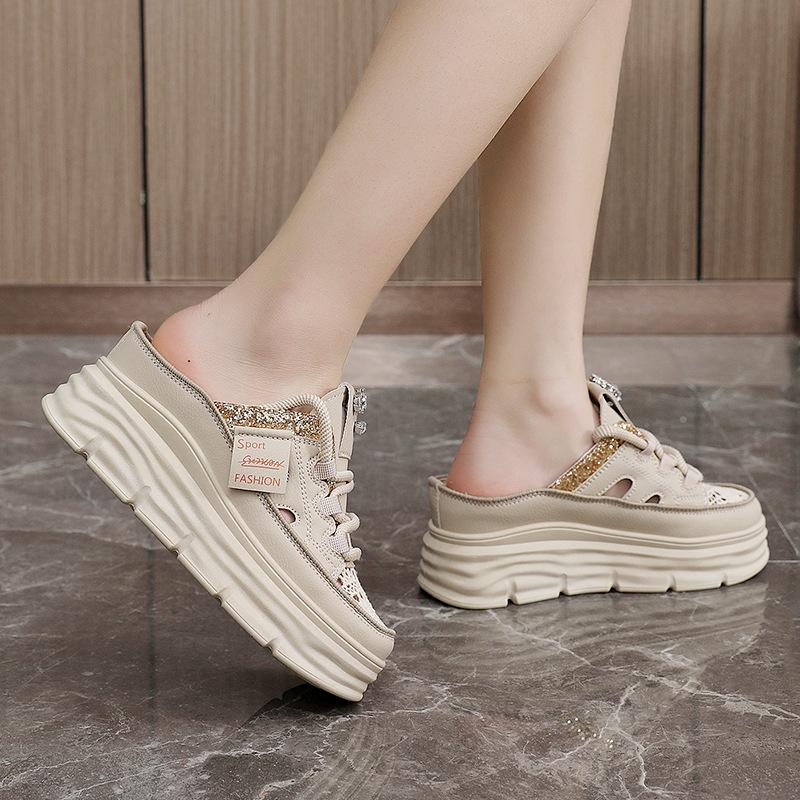 W Thick Sole Heightening Half Drag Summer Hollow Thick Sole Casual Shoes Slippers Sandals