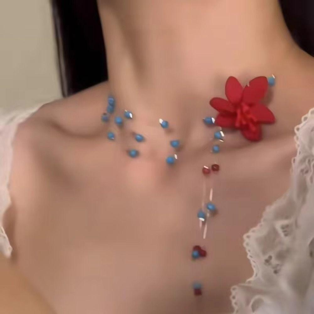 Contrasting Color Collarbone Chain High-end Women's Necklace Elegant Beaded Flower Necklace  Women