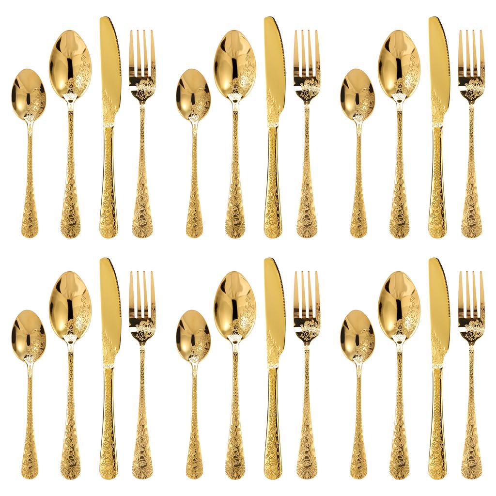 Set di stoviglie floreali da 20/24 pezzi Set di posate in acciaio inossidabile Kit coltello forchetta cucchiaio Set di stoviglie per ristorante Cucina di casa Gadget