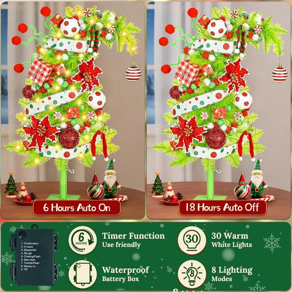 2FT Pre-Decorated Mini Christmas Tree with Lights, Bendable Artificial Tree with Metal Base & Ornaments in Lime Green