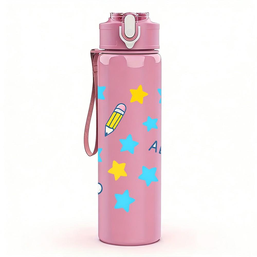 1PC ABC Star Pencil Seamless Pattern 750ml Color Plastic Sports Water Bottle Leakproof Flip Straw Lid Suitable for Sports Office Home Use