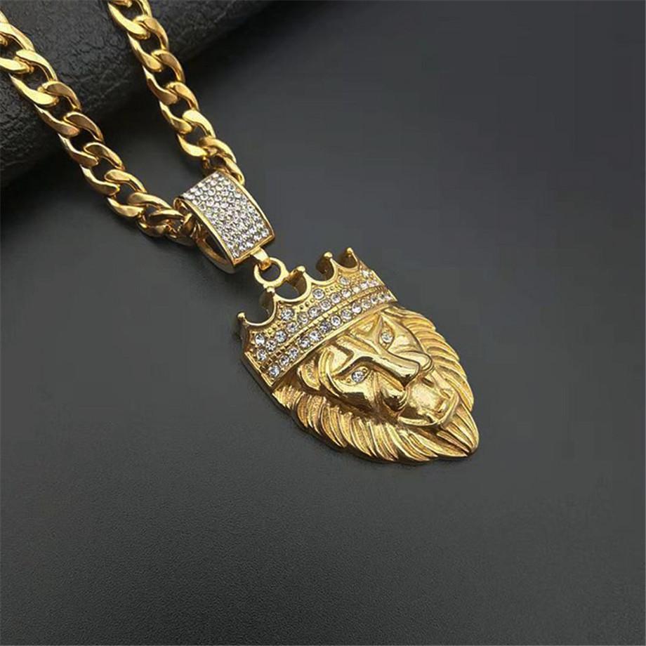 Edelstahl Löwenkopf Anhänger Iced Out Bling Krone Gold Tier Löwe Halskette Für Männer/Frauen Hip Hop Schmuck Dropship