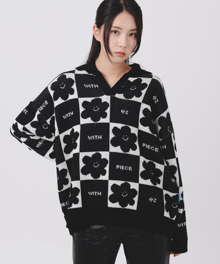 PEACE MAKER Daisy Checkerboard Polo Knit Sweater (Black)