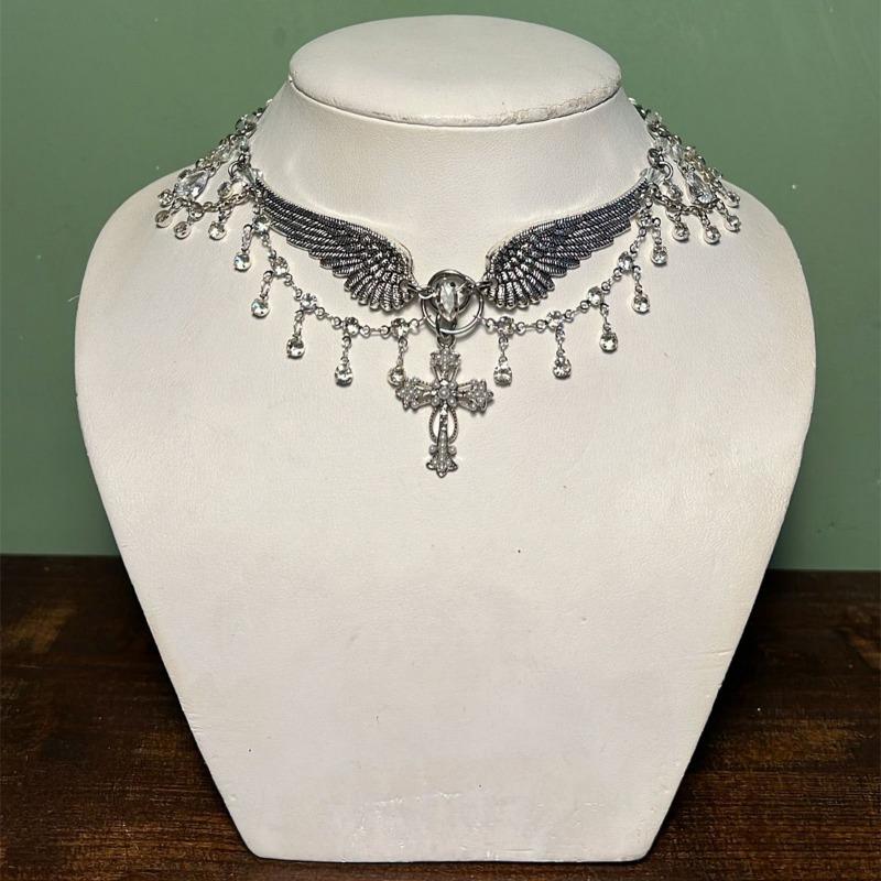 

Halloween Diamond Cross Necklace Vintage Premium Tassel Pendant Angel Wings Accessories Female